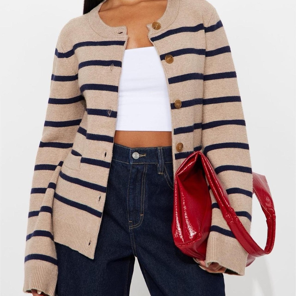 Striped crewneck cardigan in navy and beige